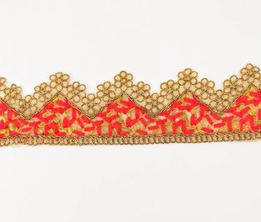 Gold Sheer Tissue Fabric Cutwork Trim with Embroidery in Gold and Orange, Scallop Trim, Fringe Trim